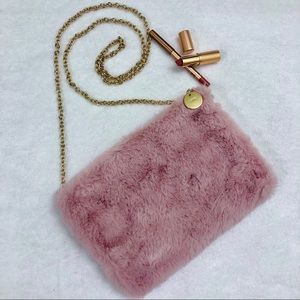 LOFT Pink Faux Fur Purse with Gold Accents